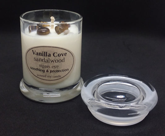 Vanilla Cove Soy Candle 45 hour Sandalwood fragrance with Tigers Eye crystals in clear glass jar and glass lid