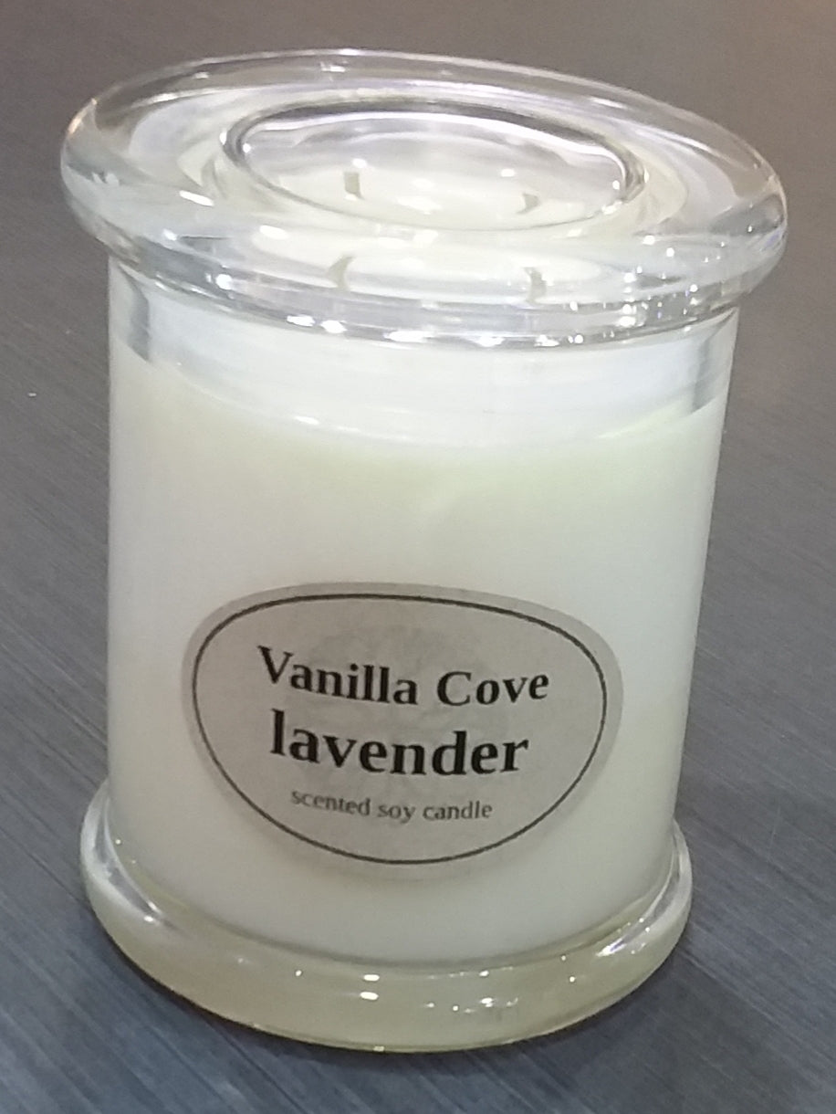 Vanilla Cove Soy Candle 50 hour Lavender Fragrance in clear glass jar and glass lid