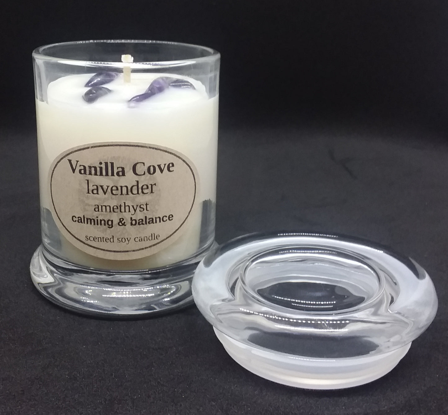 Vanilla Cove Soy Candle 45 hour lavender fragrance with amethyst crystals in clear glass jar and glass lid