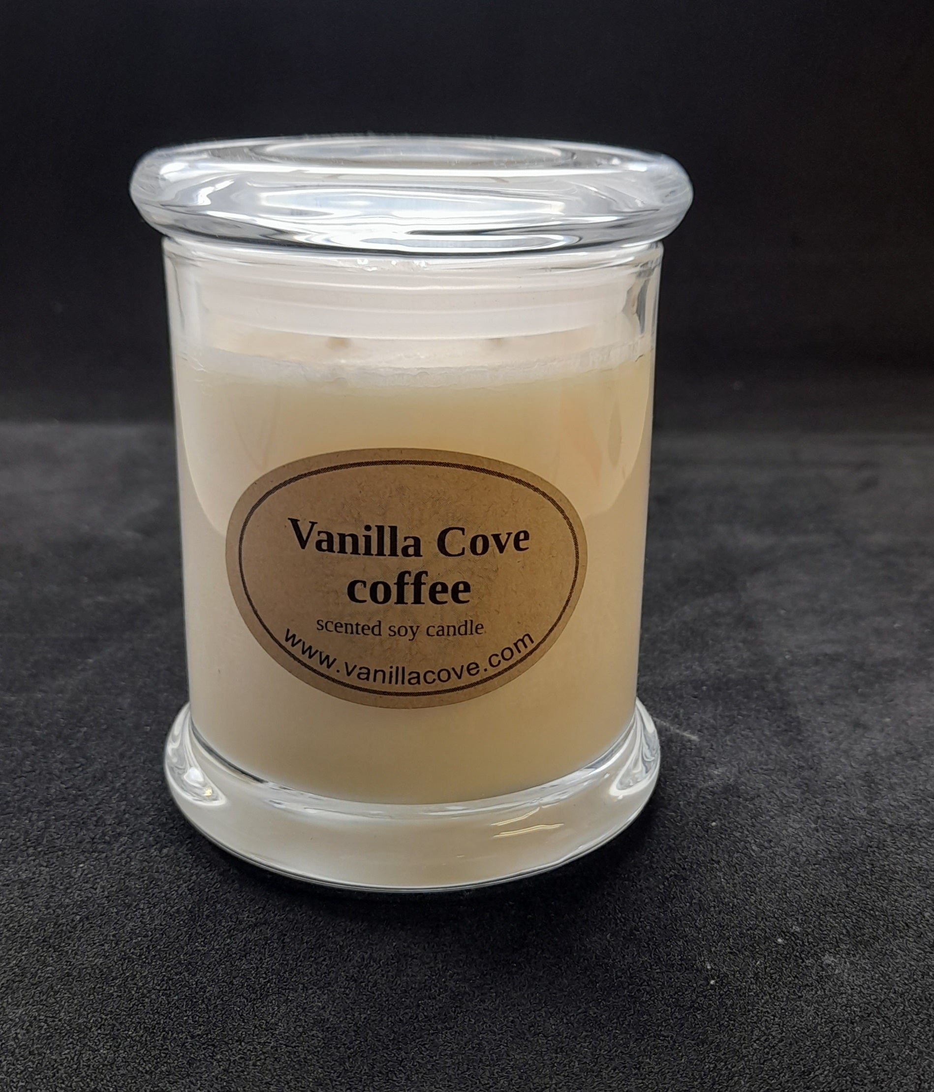 Vanilla Cove Soy Candle 50 hour Coffee Fragrance in clear glass jar and glass lid
