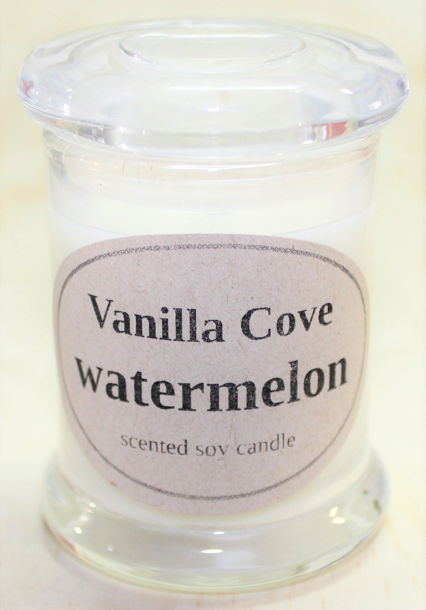 Vanilla Cove Soy Candle 20 hour Watermelon fragrance clear glass jar and glass lid